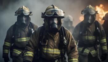 héros dans protecteur vêtements de travail et casques porter secours brûlant physique structure généré par ai photo