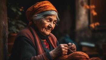 un Sénior femme tricot la laine en plein air, entouré par serein spiritualité généré par ai photo