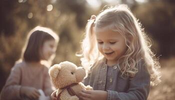 deux les filles embrassement nounours ours, profiter l'automne le coucher du soleil dans forêt généré par ai photo