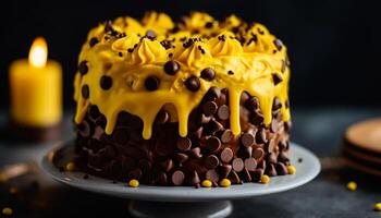 indulgent Chocolat gâteau avec crémeux glaçage, Frais fruit décoration, bougie flamme généré par ai photo