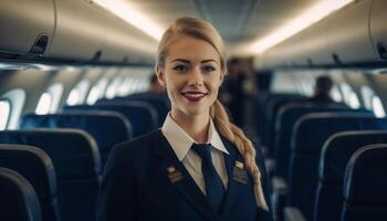 sur de soi femme d'affaires séance dans avion cabine, souriant à caméra généré par ai photo