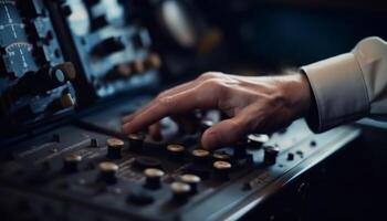 main de expert technicien ajustement du son mixer dans boîte de nuit machinerie généré par ai photo