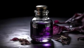 parfumé aromathérapie pétrole dans une la nature inspiré bouteille pour relaxation généré par ai photo