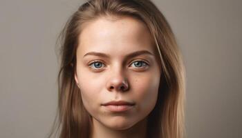 Jeune adulte femme avec mignonne sourire et bleu yeux généré par ai photo