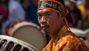 Hommes et femmes dans traditionnel Vêtements jouer percussion instruments en plein air généré par ai photo