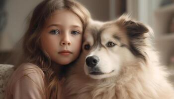 mignonne enfant embrasse espiègle chiot, de race shetland chien de berger apporte joie généré par ai photo