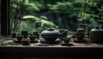 chaud boisson dans vert théière sur en bois table entouré par la nature généré par ai photo