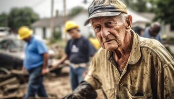 actif Sénior agriculteur travail en plein air sur construction placer, souriant Heureusement généré par ai photo