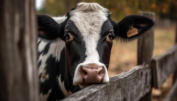 Holstein bétail pâturage sur vert pâturage, à la recherche mignonne dans été généré par ai photo