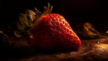 juteux mûr fraise, une en bonne santé biologique casse-croûte sur rustique bois généré par ai photo