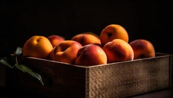 mûr juteux les pêches dans une rustique en bois panier sur table généré par ai photo