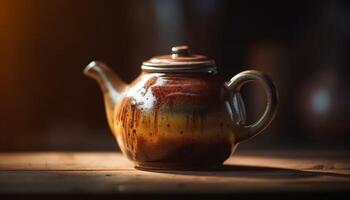 rustique théière sur en bois tableau, chaud boisson trempé dans tradition généré par ai photo