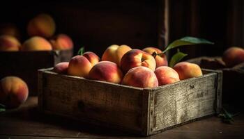 rustique récolte biologique fruit Caisse, mûr nectarines, juteux les pêches généré par ai photo