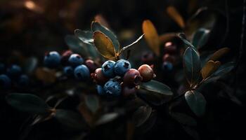 biologique myrtille buisson, mûr fruit sur brindille, beauté dans la nature généré par ai photo