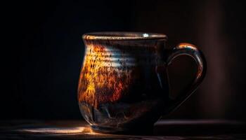 rustique bois table avec vieux façonné poterie agresser et café pot généré par ai photo