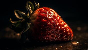 juteux biologique fraise, une rafraîchissant été casse-croûte sur foncé table généré par ai photo