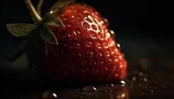 juteux mûr fraise, une sucré biologique dessert sur foncé bois généré par ai photo