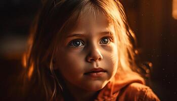 mignonne caucasien fille souriant, en jouant et profiter la nature en plein air à crépuscule généré par ai photo