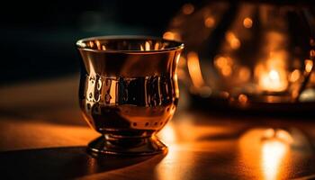 en bois bar avec élégant verre de vin et whisky dans rétro-éclairé fête généré par ai photo