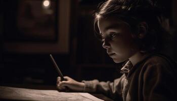 mignonne caucasien enfant se concentrer sur la créativité, en portant crayon et papier généré par ai photo