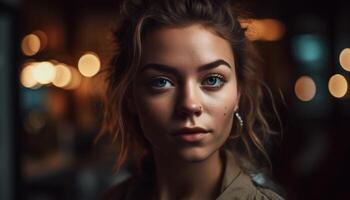 magnifique Jeune femme avec marron cheveux à la recherche en toute confiance à caméra généré par ai photo