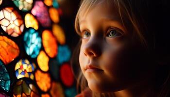 mignonne bambin fille souriant, à la recherche en haut à illuminé fenêtre à l'intérieur généré par ai photo