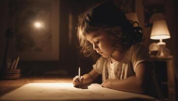 un mignonne caucasien fille séance à tableau, apprentissage et se concentrer généré par ai photo