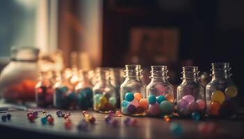 multi coloré pilule bouteille sur Jaune table dans proche en haut encore la vie généré par ai photo