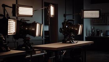 moderne studio coup avec illuminé équipement et caméra éclat préparation généré par ai photo