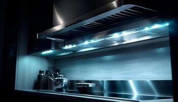 moderne inoxydable acier cuisine avec brillant équipement et brillant éclairage généré par ai photo
