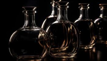 luxe de l'alcool récipient collection dans une rangée sur noir Contexte généré par ai photo