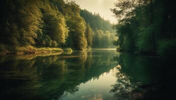 tranquille scène de une Montagne intervalle à crépuscule, reflétant beauté généré par ai photo