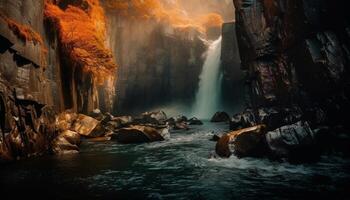 aventure dans la nature randonnée à majestueux cascade dans tranquille ravin généré par ai photo