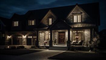 vieux chalet illuminé par rue lumière dans hiver crépuscule en plein air généré par ai photo