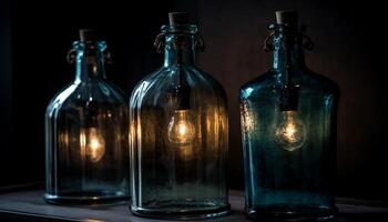 transparent verre bouteille avec bleu liquide, illuminé par électrique lampe généré par ai photo