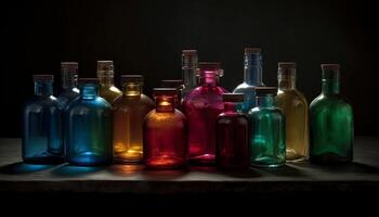 multi coloré verre bouteilles contenir liquide de divers couleurs et matériaux généré par ai photo