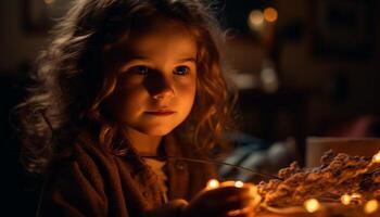 mignonne caucasien fille souriant à l'intérieur, profiter chaleur de hiver Feu généré par ai photo