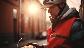 un adulte Masculin athlète exercice en plein air sur une vélo généré par ai photo