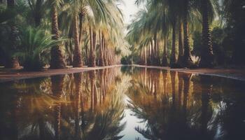 tranquille scène de paume arbre par étang, reflétant beauté dans la nature généré par ai photo