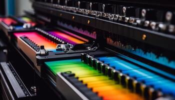 bleu piano clés dans une rangée contrôle le du son mixer performance généré par ai photo