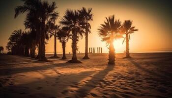 romantique crépuscule sur tranquille tropical côte, paume feuilles rétro-éclairé par le coucher du soleil généré par ai photo