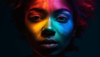 un Jeune femme beauté illuminé dans abstrait, multi coloré fantaisie généré par ai photo