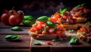 Frais tomate salade sur rustique en bois table généré par ai photo