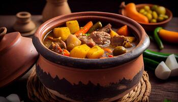 bol de Frais légume Ragoût sur terre cuite assiette généré par ai photo