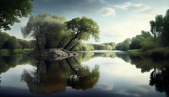 la nature tranquillité forêt, eau, et réflexion généré par ai photo