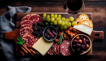 une rustique assiette de italien épicerie fine et du vin ,génératif ai photo