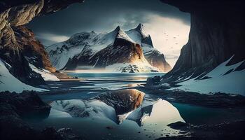 majestueux Montagne de pointe reflète tranquille glacé paysage ,génératif ai photo