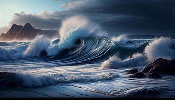 surfant à le coucher du soleil sur une bleu vague ,génératif ai photo