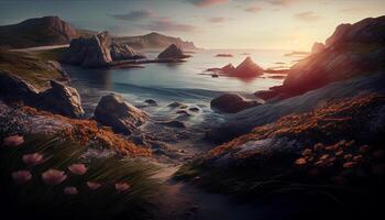 la nature beauté serein paysage marin à crépuscule falaise l'eau ,génératif ai photo