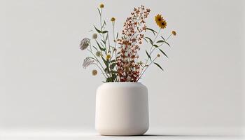 une Frais bouquet dans une magnifique poterie vase ,génératif ai photo